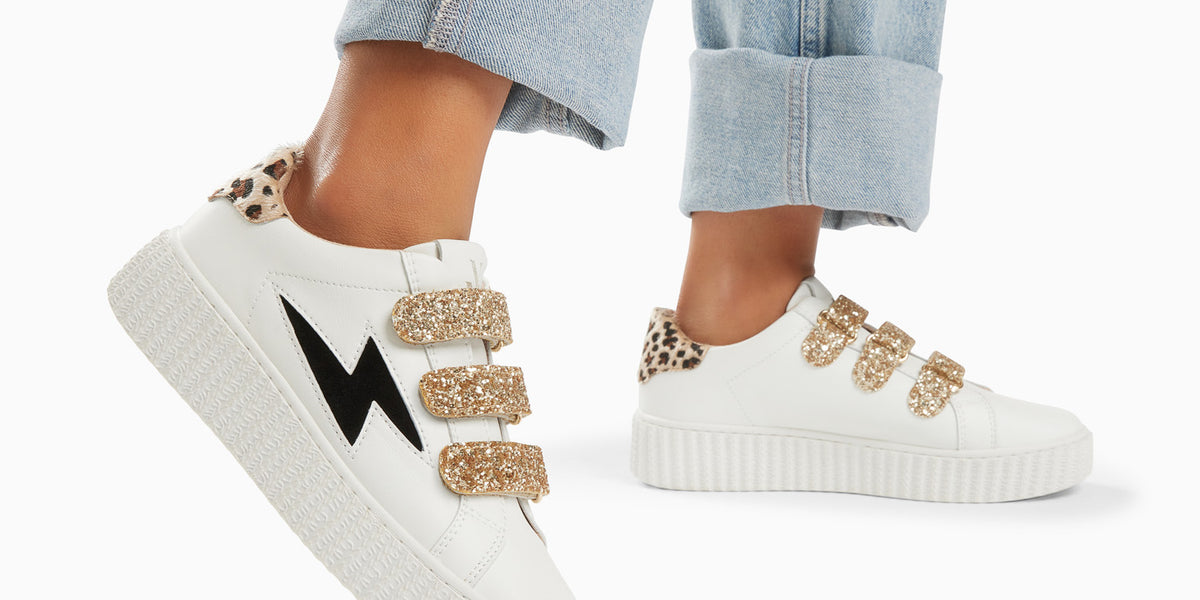 Baskets éclair Aby Noir Et Or à Scratchs Léopard Baskets éclair Angela blanc et léopard à scratchs or • Vanessa Wu