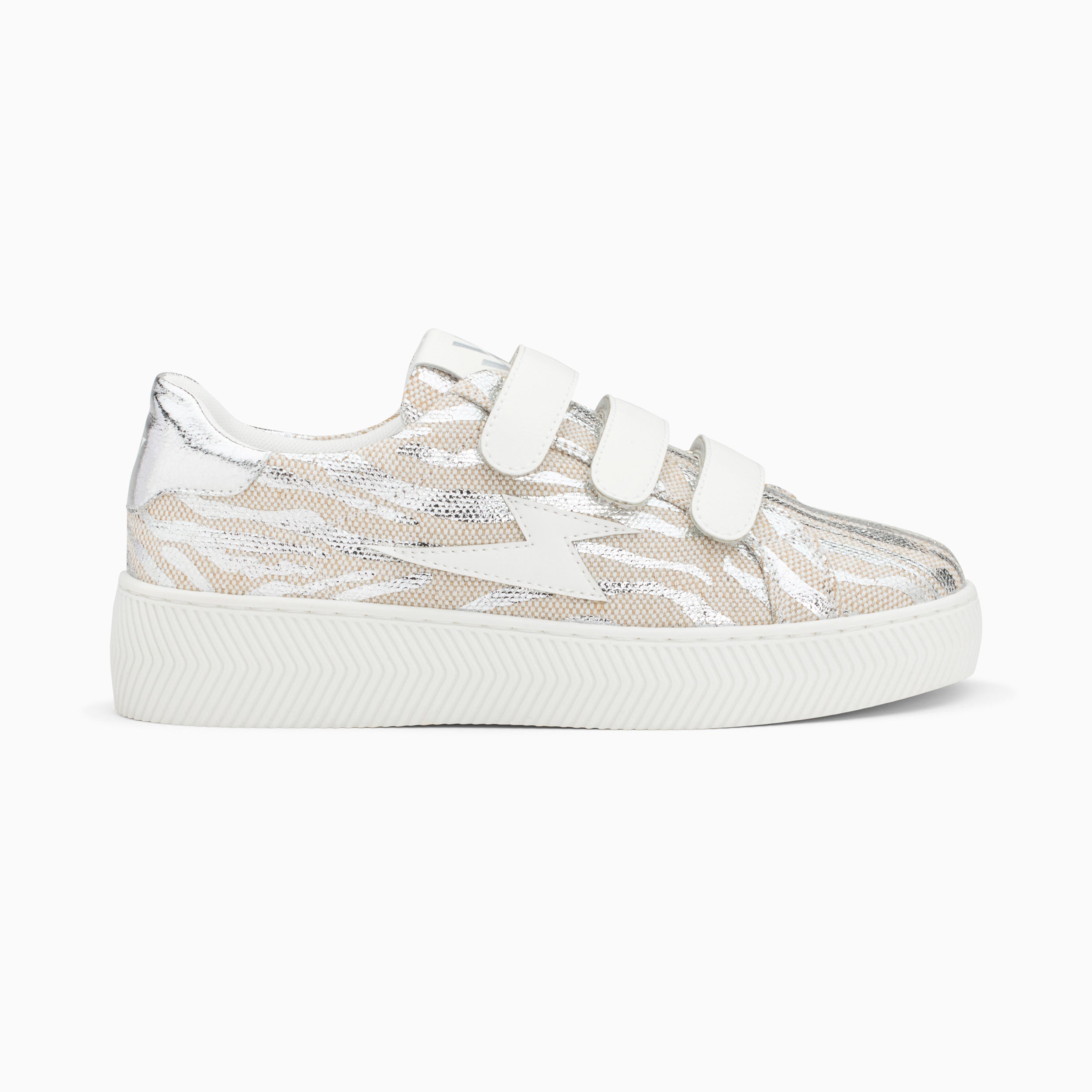 vanessa wu Baskets éclair Laurine beige et argent zébré à scratchs