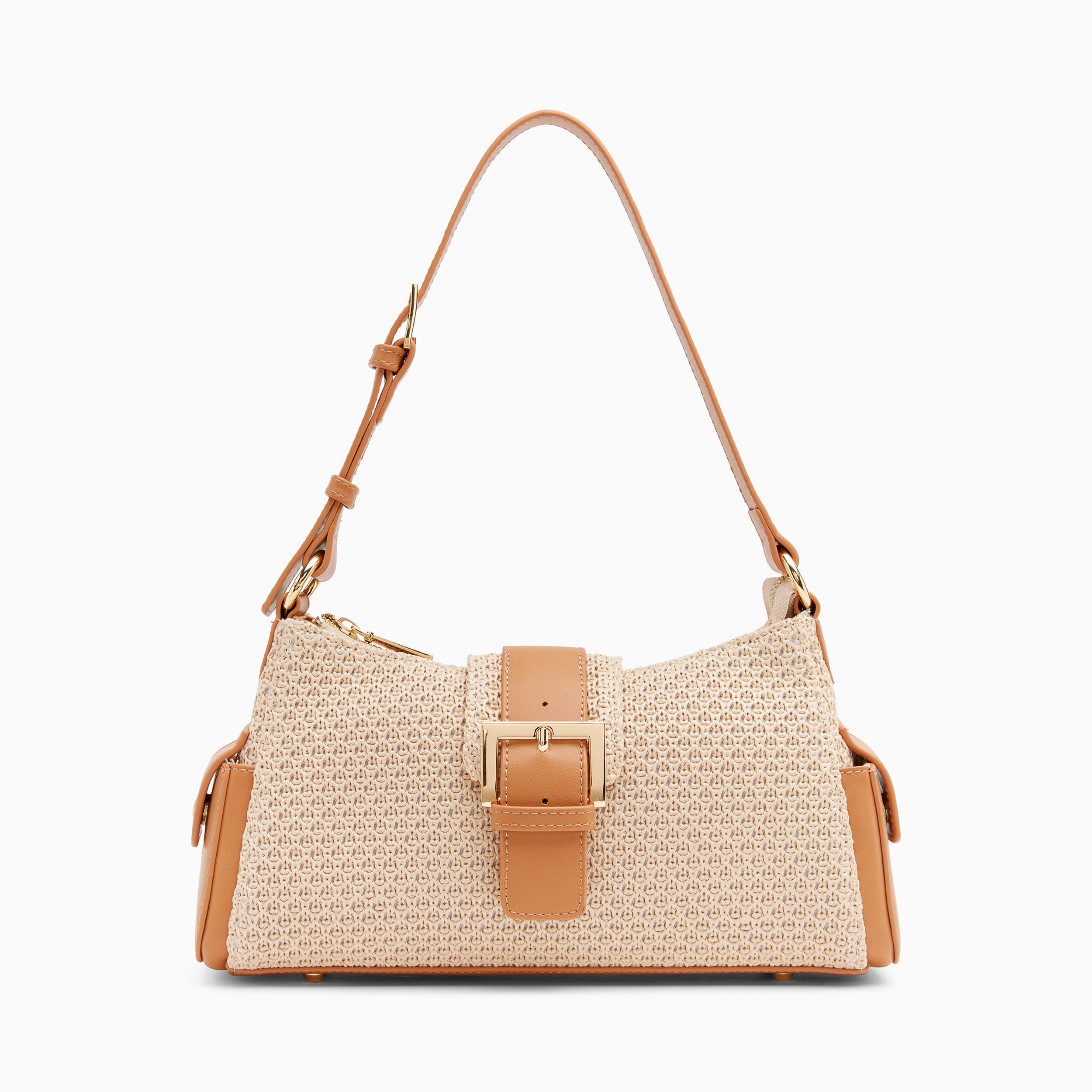 Sac baguette femme Vanessa Wu en raphia beige avec boucle et anse en similicuir camel