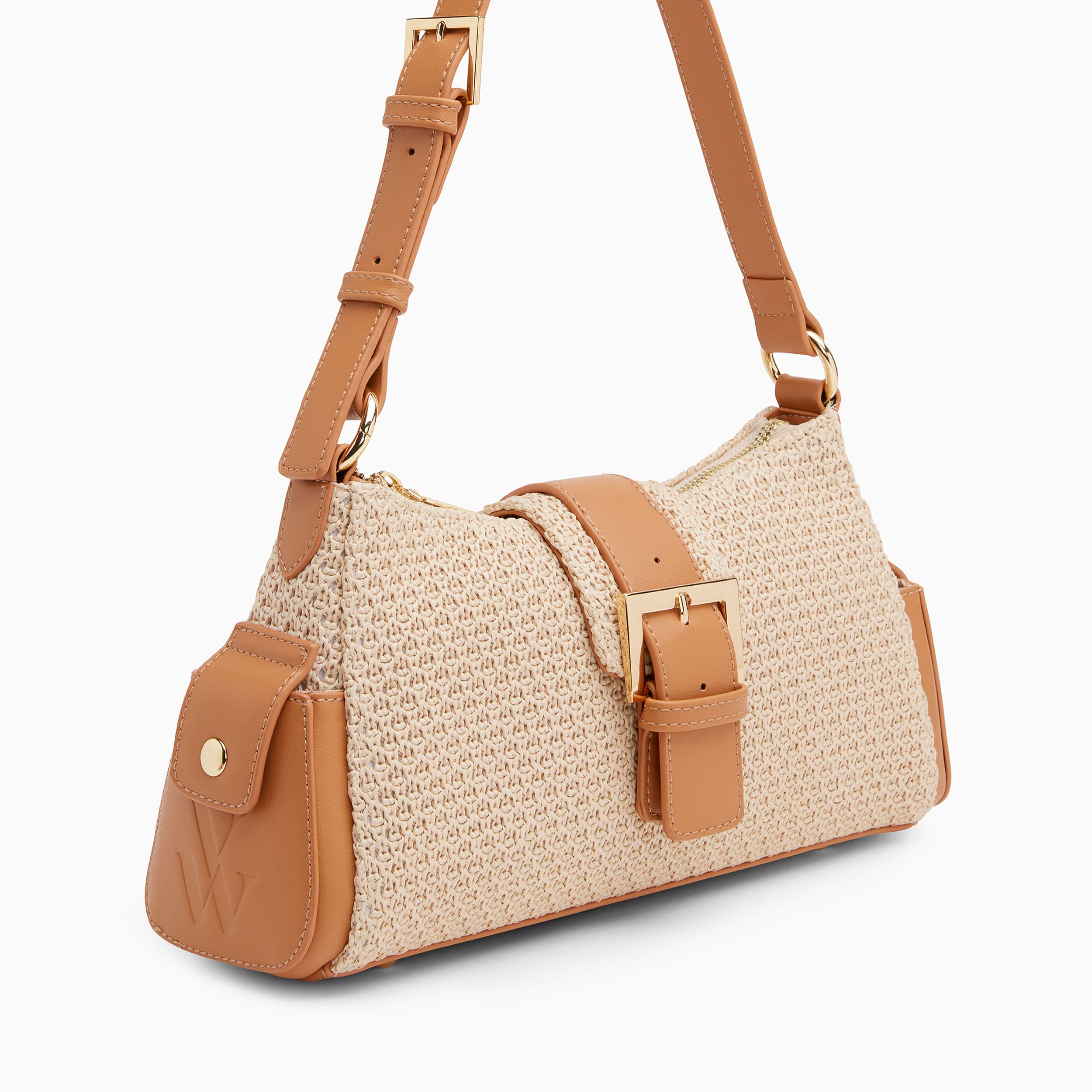 Sac baguette femme Vanessa Wu en raphia beige avec boucle et anse en similicuir camel