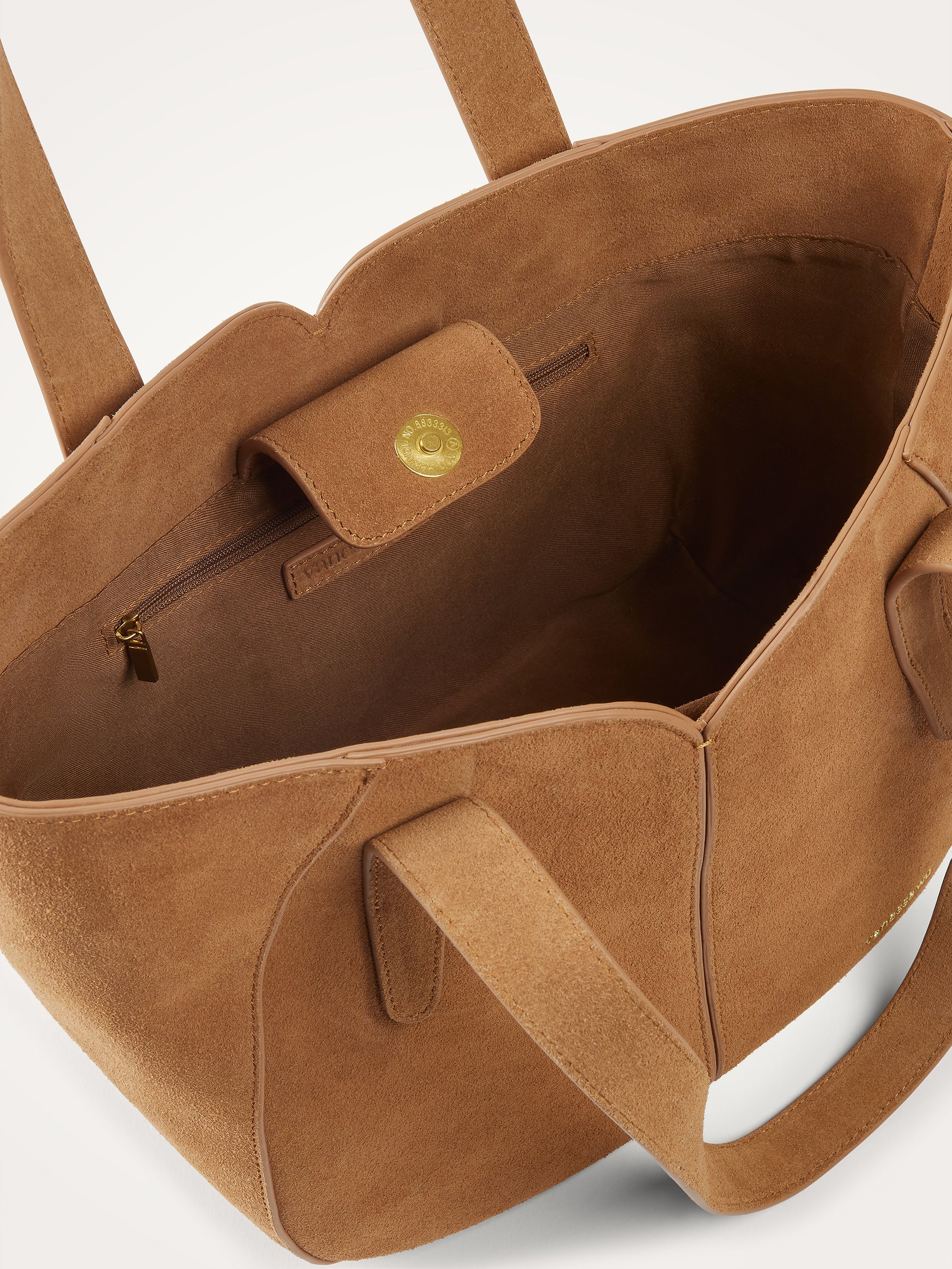 ALTAÏ camel suede bag with handles and shoulder strap • Vanessa Wu