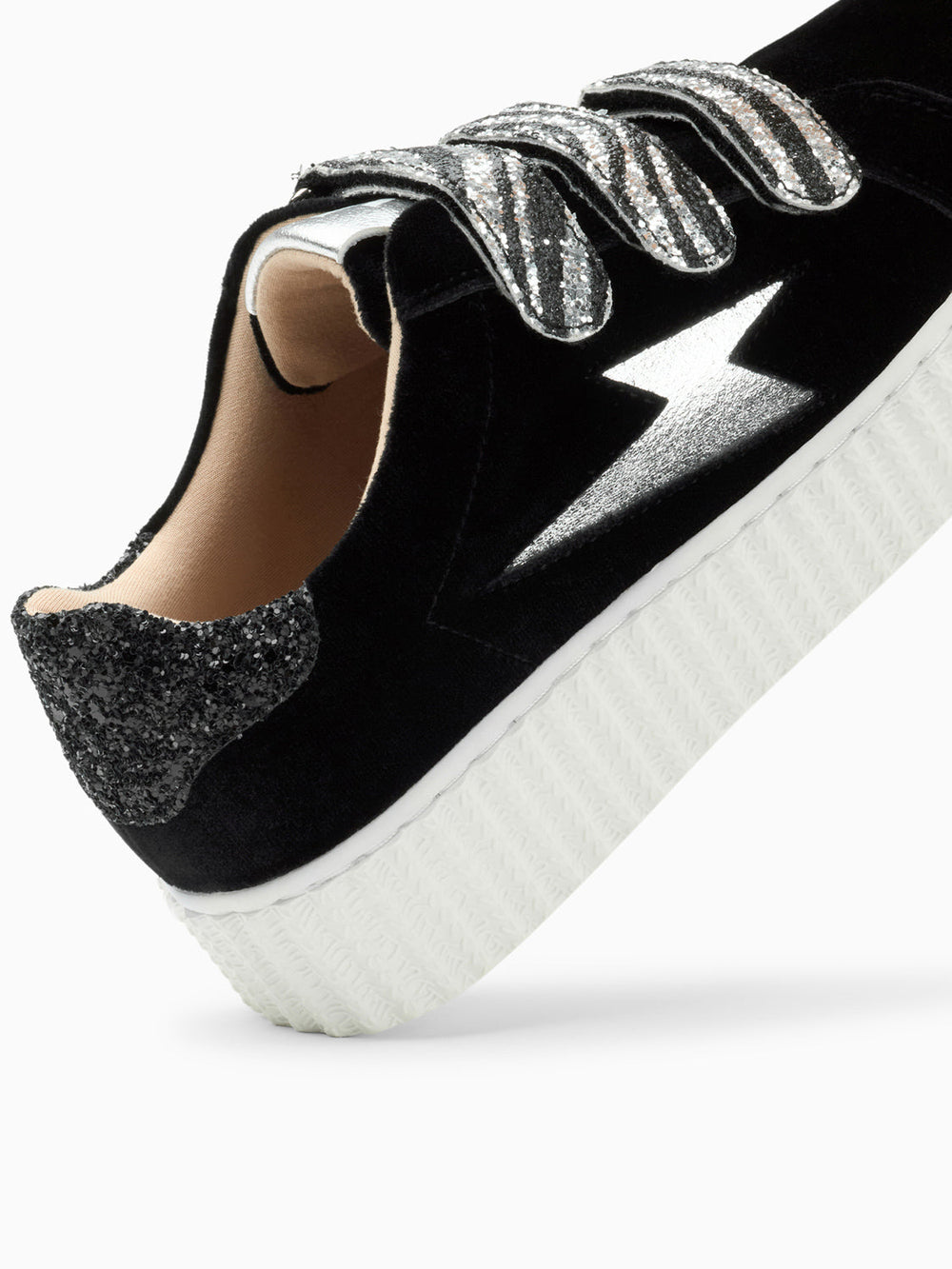 Baskets éclair Dorianne noir et argent à scratchs zèbre • Vanessa Wu