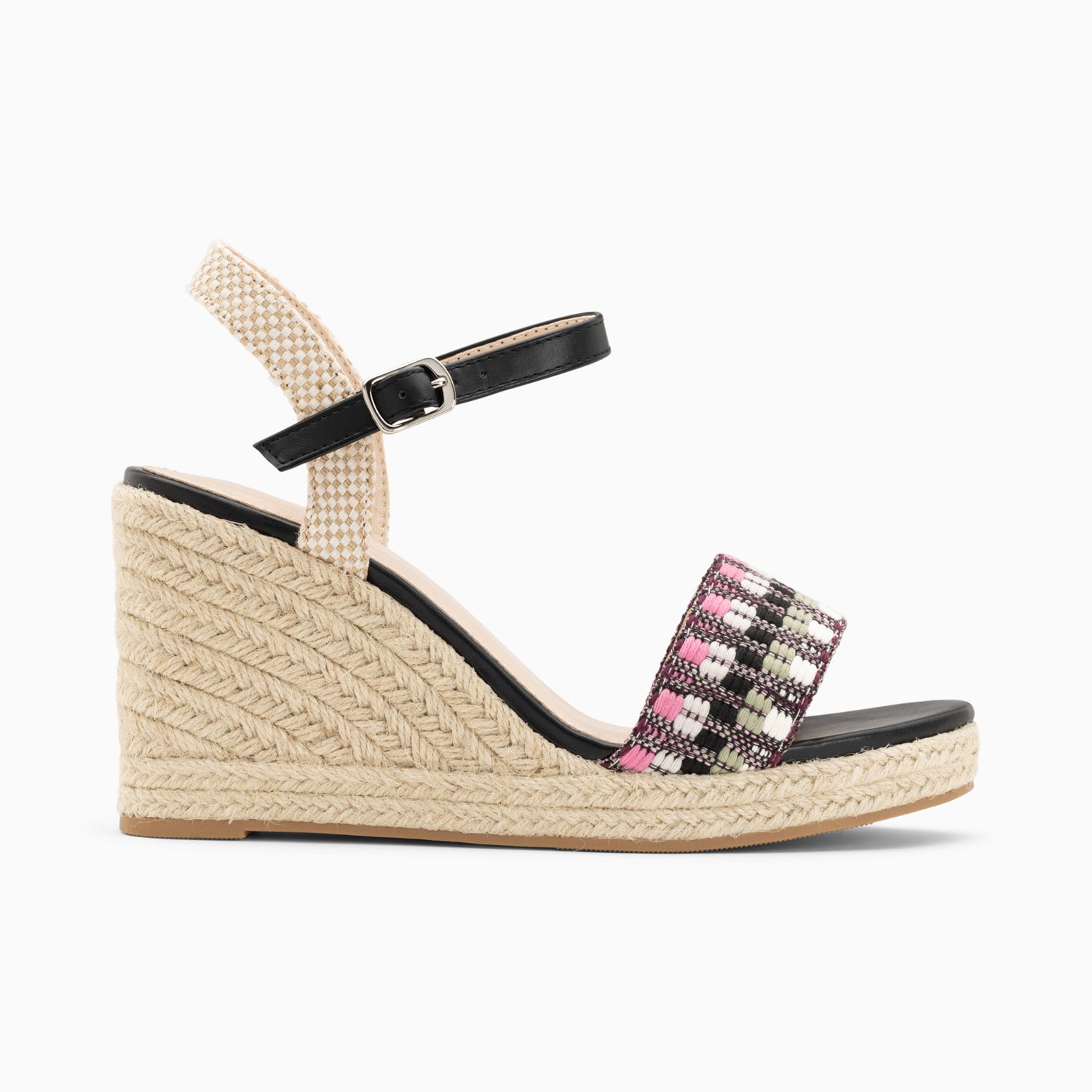 vanessa wu Sandales compensées Honorine noir et rose en tissu jacquard