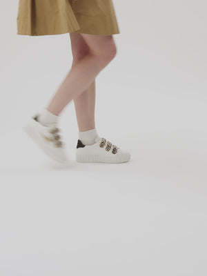 Baskets femme blanches éclair doré simili cuir Vanessa Wu à scratchs léopard semelle plateforme